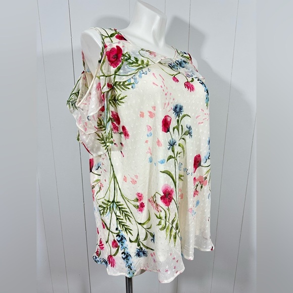NWT Roz & Ali Womens Short Sleeve Open Shoulder Floral Top Shirt Tunic - Picture 2 of 11